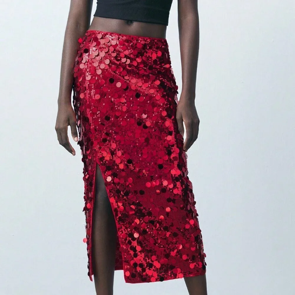 Red Party Women's Sequin Fitted Split Design Skirt